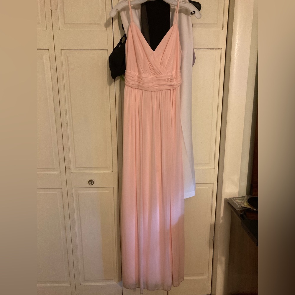 David's Bridal Ballet Pink floor length spaghetti strap bridesmaids dress